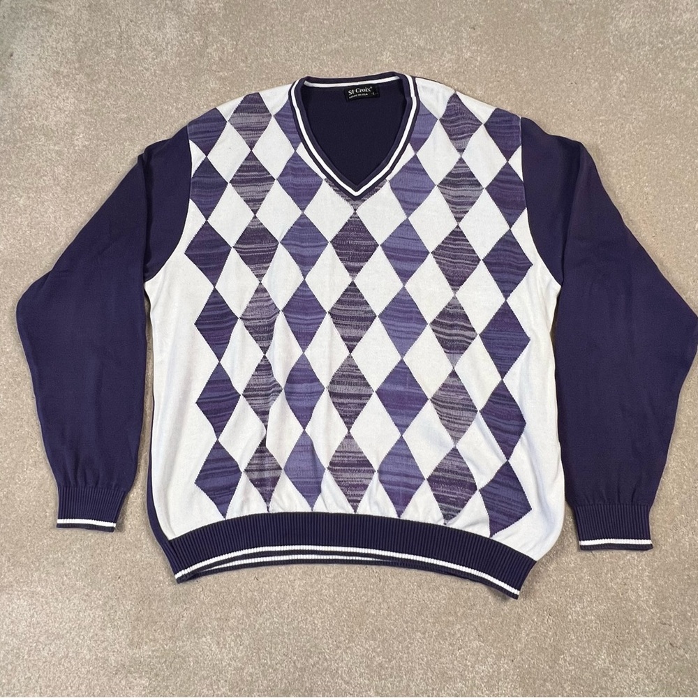 St Croix Argyle V Neck Purple/White Made in USA‎ Cotton Blend Sweater men's L